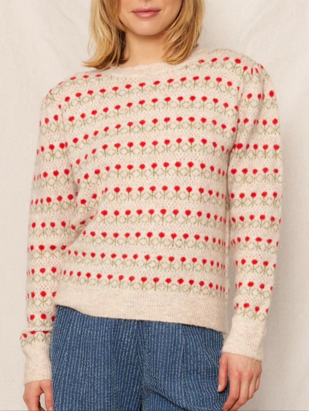 EN CRÈME Ellie Rose Sweater Size M/L Crew Neck Pullover Romantic Tan Red